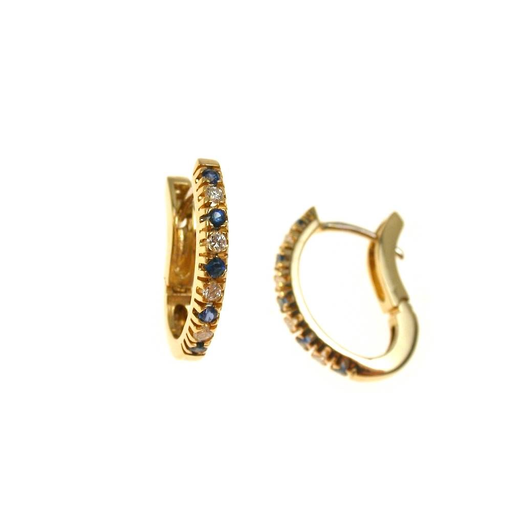 Square drop Hoops with Blue Sapphires and Diamonds in Yellow Gold