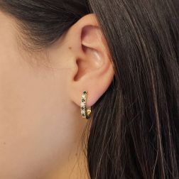Photo of worn Square drop Hoops with Blue Sapphires and Diamonds in Yellow Gold