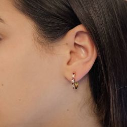 Photo of worn Square drop Hoops with Rubies and Diamonds in Yellow Gold