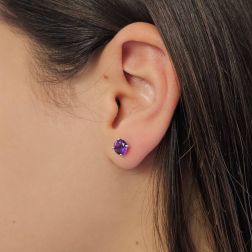 Photo of worn Classic Solitaire Earrings with Amethyst in 18kt White Gold