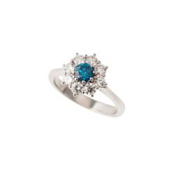 Solitario Fiore con Diamante Blu e 8 Diamanti Oro Bianco