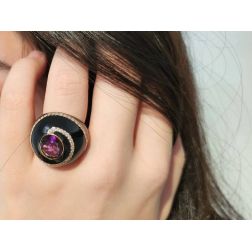 Photo of worn Black Dome Ring Amethyst Rose Gold