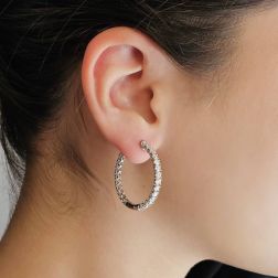 photo of worn of Hoop Earrings with a Half Round of Diamonds in Platinum