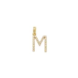 Ciondolo Lettera Iniziale "M" Stampatello con Zirconi in Oro Giallo