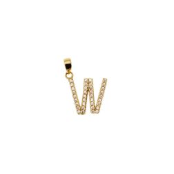 Ciondolo Lettera Iniziale "W" Stampatello con Zirconi in Oro Giallo