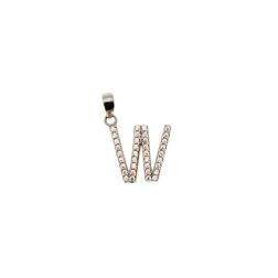 Ciondolo Lettera Iniziale "W" Stampatello con Zirconi in Oro Bianco