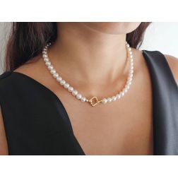 Photo of worn Akoya Pearl Necklace with Twisted Square Clasp in Yellow Gold