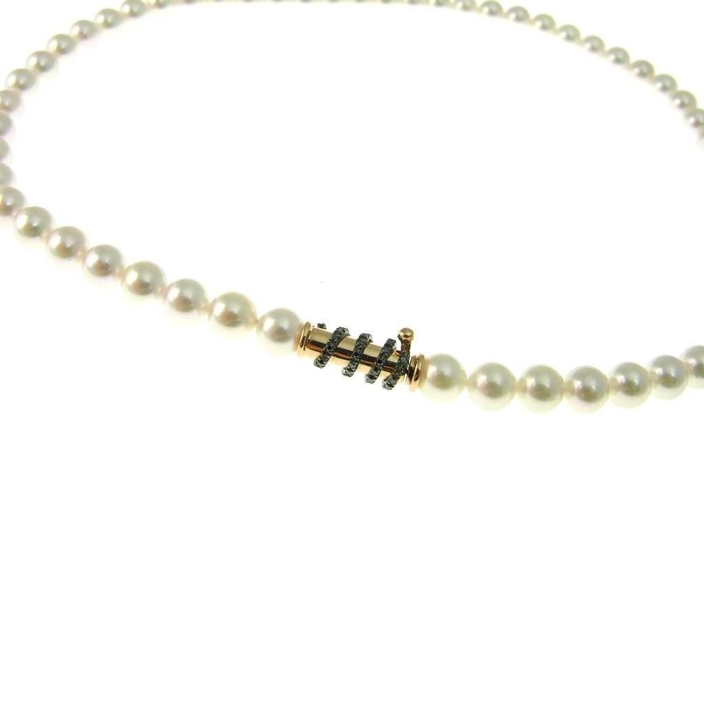 Akoya Pearls Necklace with Spiral Clasp and Black Diamonds
