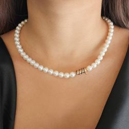 Photo of worn Akoya Pearls Necklace with Spiral Clasp and Black Diamonds