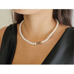 Photo of worn Akoya Pearls Necklace with Spiral Clasp and Black Diamonds