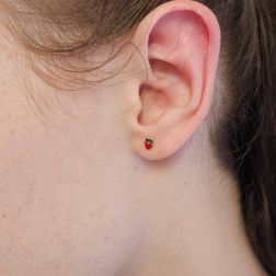 Photo of worn Strawberry stud Earrings Ennamelled