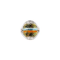 Design Ring "Mid-Summer Dream" with yellow and blue Topaz and Diamonds in 18kt white gold