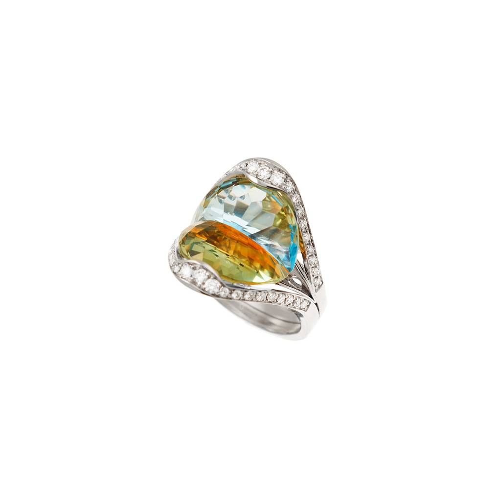 Design Ring "Mid-Summer Dream" with yellow and blue Topaz and Diamonds in 18kt white gold