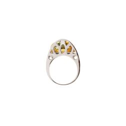 Design Ring "Mid-Summer Dream" with yellow and blue Topaz and Diamonds in 18kt white gold
