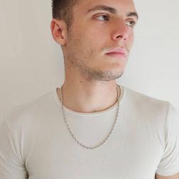 Photo of worn 55cm Semi-rigid Tubular Chain Necklace in White Gold