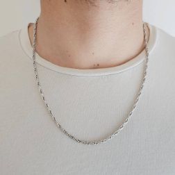 Photo of worn 55cm Semi-rigid Tubular Chain Necklace in White Gold