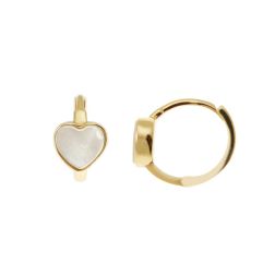 Small Round Lobe Hoops with Mother of Pearl Heart on Yellow Gold