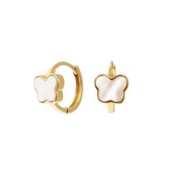 Small Round Lobe Hoops with Mother of Pearl Butterfly on Yellow Gold