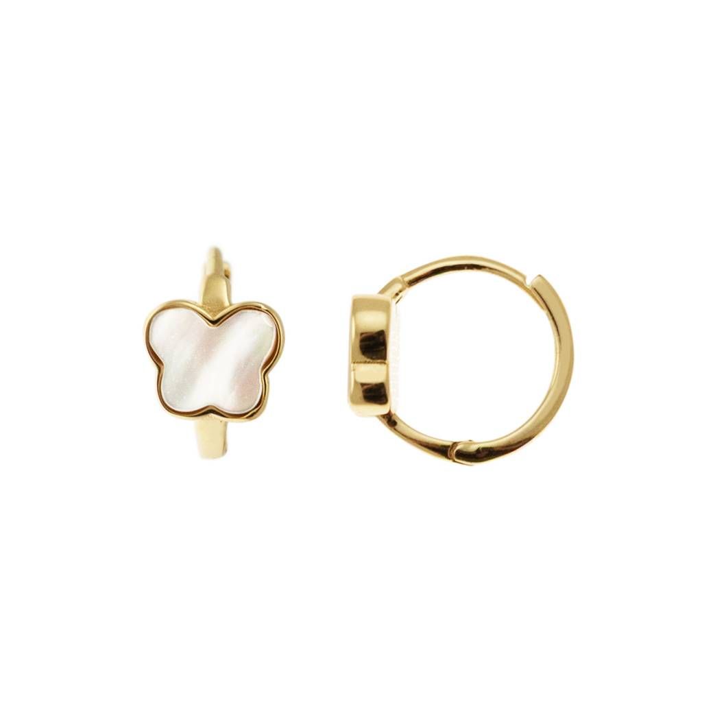 Small Round Lobe Hoops with Mother of Pearl Butterfly on Yellow Gold
