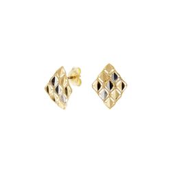Curved diamond-shaped stud earrings in yellow and white gold
