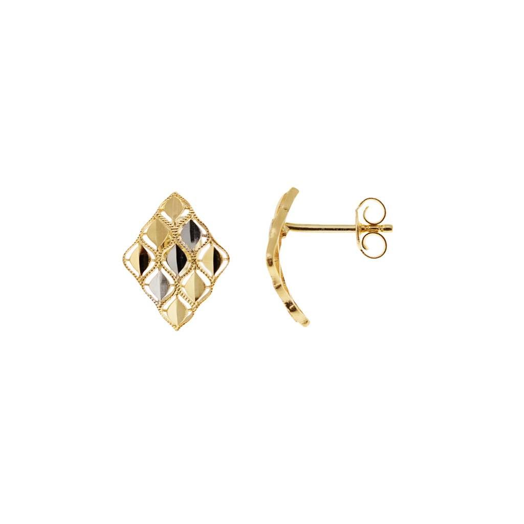 Curved diamond-shaped stud earrings in yellow and white gold