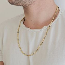 Collana 60cm Tubolare Occhio di pernice tonda rigata in Oro Giallo alternata con 2 occhielli in Bianco foto indossata