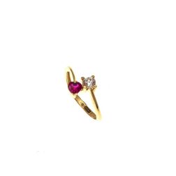Contrariè ring with 2 zircons, coloured heart, in yellow gold