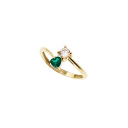 Contrariè ring with 2 zircons, coloured heart, in yellow gold