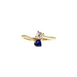 Contrariè ring with 2 zircons, coloured heart, in yellow gold