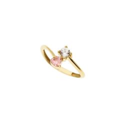 Contrariè ring with 2 zircons, coloured heart, in yellow gold