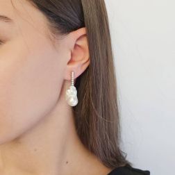 photo of worn Tennis-style drop earrings with Fresh Water Baroque Pearls and 14 Diamonds