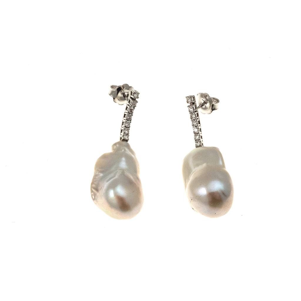 Tennis-style drop earrings with Fresh Water Baroque Pearls and 14 Diamonds