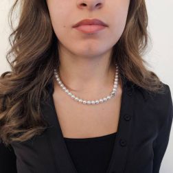 Photo of worn Akoya Pearl Necklace Round Hook Clasp with Blue Sapphires and Diamonds