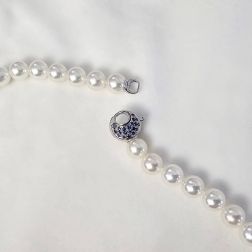 Akoya Pearl Necklace Round Hook Clasp with Blue Sapphires and Diamonds