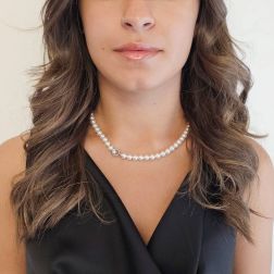 Photo of worn Akoya Pearl Necklace Round Hook Clasp with Blue Sapphires and Diamonds