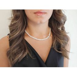 Photo of worn Akoya Pearl Necklace Round Hook Clasp with Blue Sapphires and Diamonds