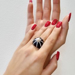 Photo of worn Black Dome Ring Akoya Pearl White Gold and Diamonds