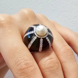 Photo of worn Black Dome Ring Akoya Pearl White Gold and Diamonds