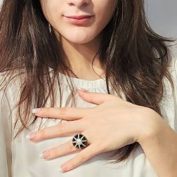 Photo of worn Black Dome Ring Akoya Pearl White Gold and Diamonds