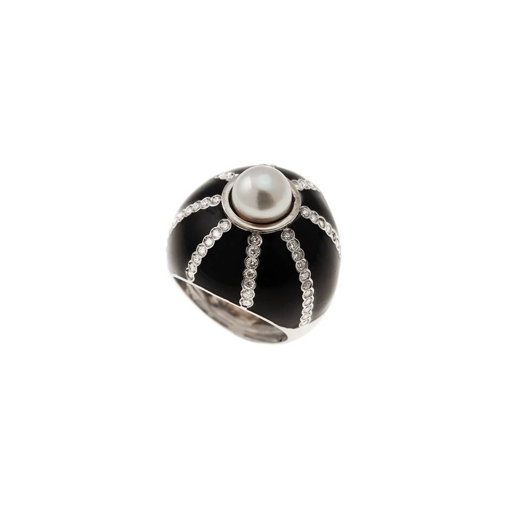 Anello Cupola nera Perla Akoya Oro Bianco e Diamanti