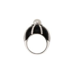Black Dome Ring Akoya Pearl White Gold and Diamonds