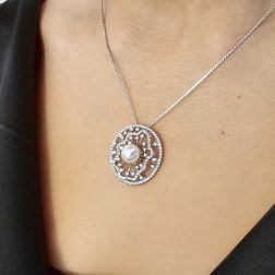 Photo of worn Akoya Pearl Charm and Necklace