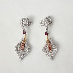 Rose and White with Diamonds and Rubies Gold Lily earrings