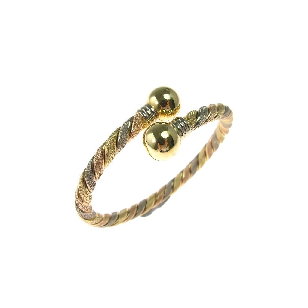 Rigid bracelet spiral with 2 spheres in yellow, white and rose gold