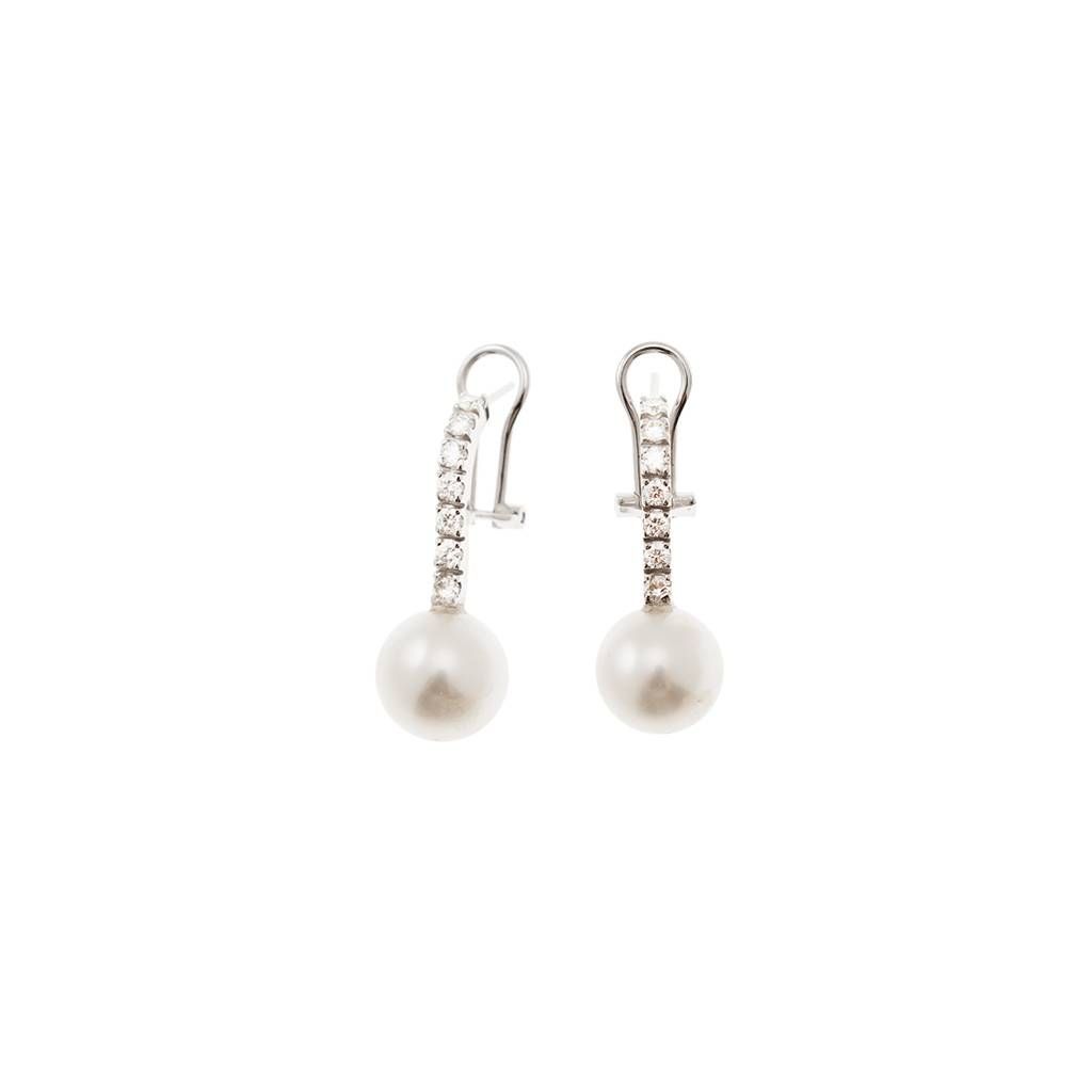 Tennis-style earrings with 14 diamonds and Australian pearls