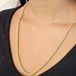 photo of worn Yellow gold rope necklace with white gold venetian 61cm x 4.50mm