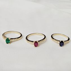 Solitaire Rings with Oval Blue Sapphire, Emerald and Ruby and 8 Diamond