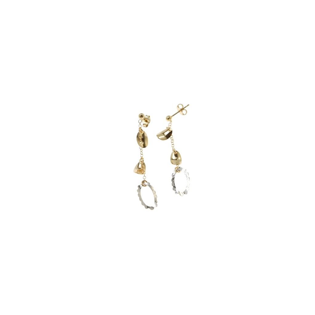 Yellow and White Gold Pendant Earrings with two Petals and a Flower