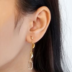 photo of worn Yellow and White Gold Pendant Earrings with two Petals and a Flower
