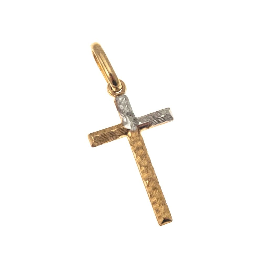 Double-Sided Hammered and Polished Cross in Yellow and White Gold - front